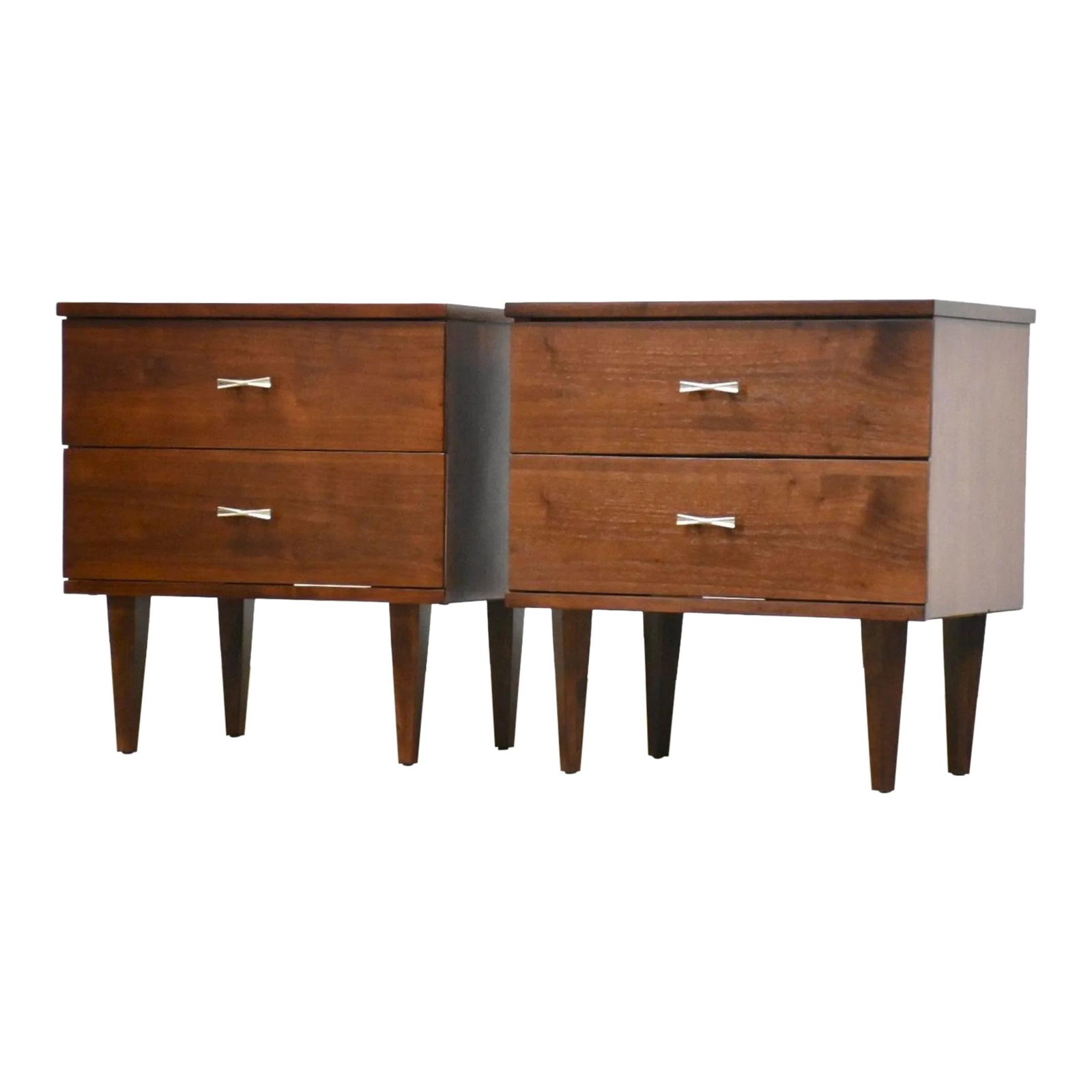 Mid-Century Modern Walnut Nightstands by Harmony House Pair: Mid-Century Modern Walnut Nightstands by Harmony House Pair This elegant pair of mid-century modern nightstands showcases a refined walnut finish and features two spacious drawers adorned with sleek c