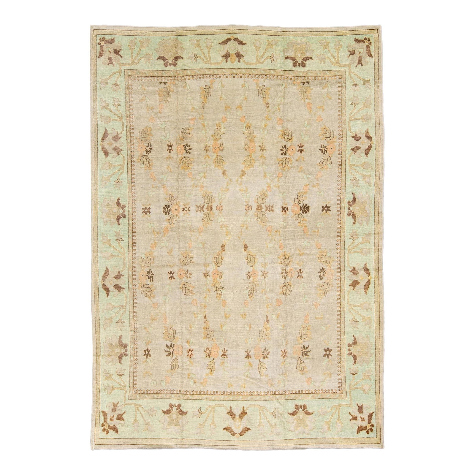 Elegant Modern Turkish Oushak Handmade Wool Rug 10' x 14'9" Floral Motif: Elegant Modern Turkish Oushak Handmade Wool Rug 10' x 14'9" Floral Motif Enhance your living space with this exquisite Modern Turkish Oushak Handmade Floral Motif Rug. Crafted with care, this hand-kno
