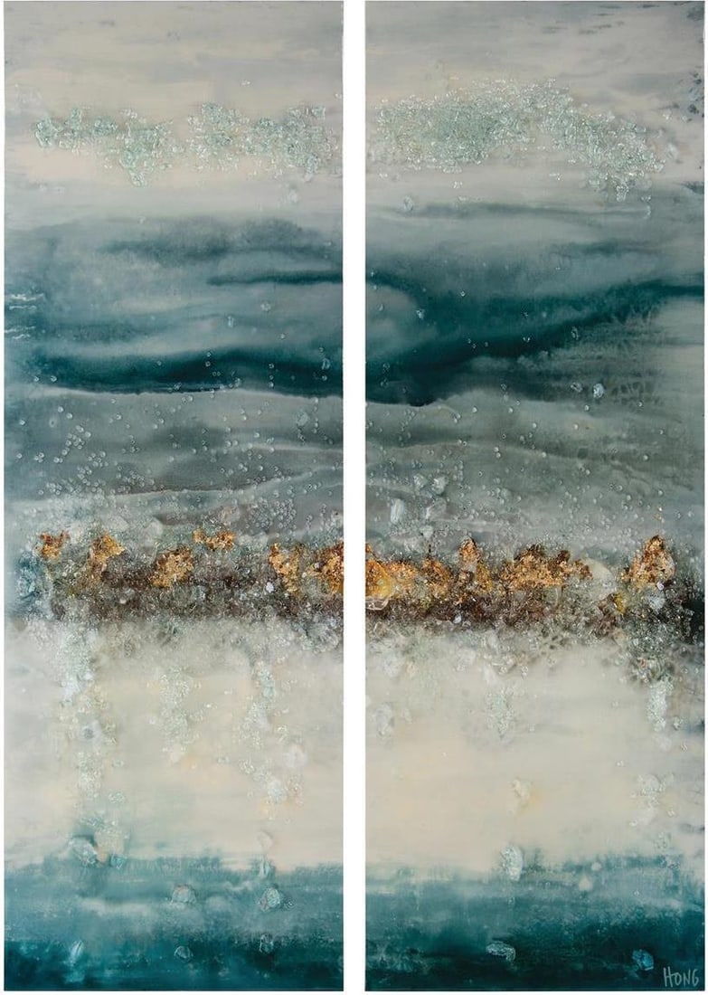 Mary Hong Elegant Rolling Tide Glass Diptych Vertical Art 62H 21W (1 of 1)