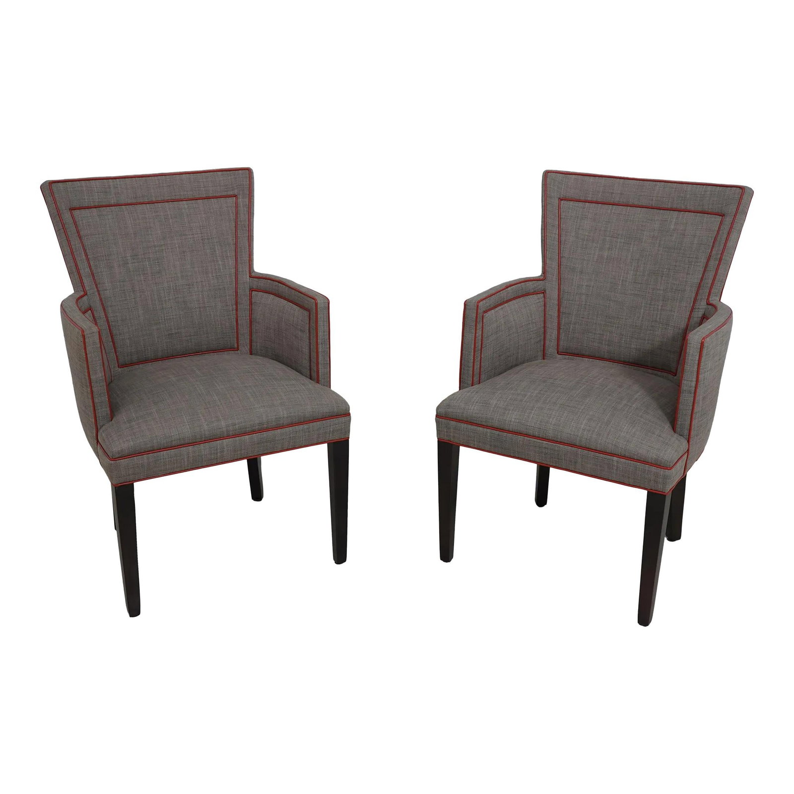 Elegant Pair of Hickory Chair Modern Designer Armchairs in Gray Upholstery: Elegant Pair of Hickory Chair Modern Designer Armchairs in Gray Upholstery This stunning pair of designer armchairs showcases a modern form with high-quality construction. Crafted with exquisite red l