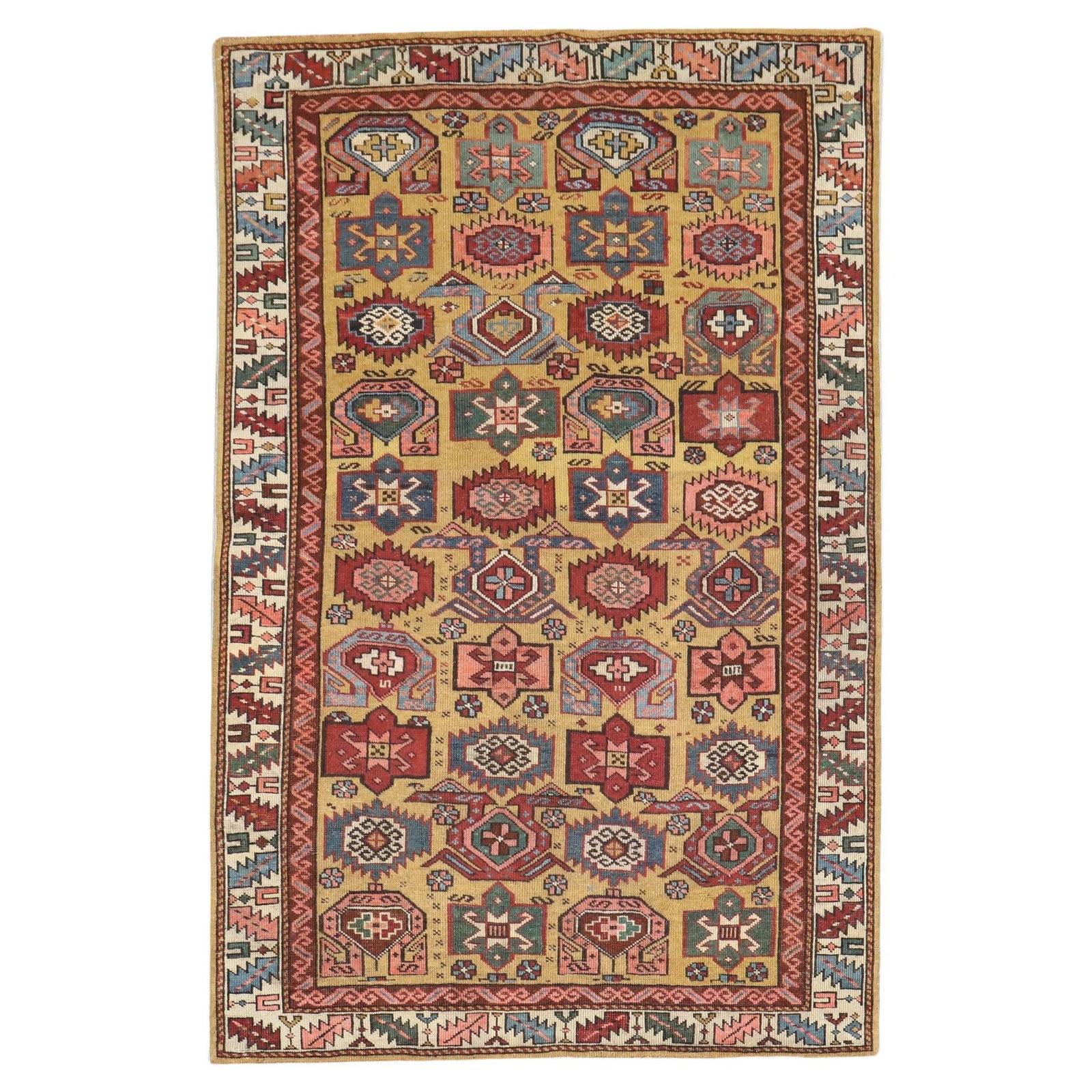 19th Century Mustard Yellow Kazak Kuba Rug 41 x 61 Wool Russia (1 of 9)