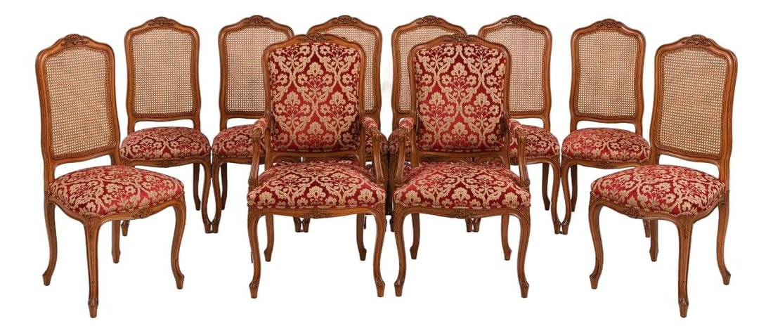 Set of 10 French Cane Back Dining Chairs with Walnut Finish (1 of 10)
