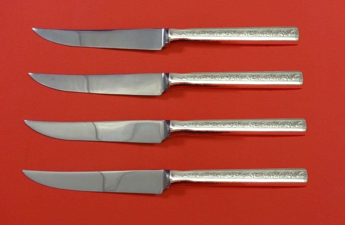 Gorham Trilogy Sterling Silver Steak Knife Set 4pc Custom 8.5": Gorham Trilogy Sterling Silver Steak Knife Set 4pc Custom 8.5" Enhance your dining experience with this exquisite 4-piece steak knife set from the Trilogy pattern by Gorham. Crafted from sterling silv
