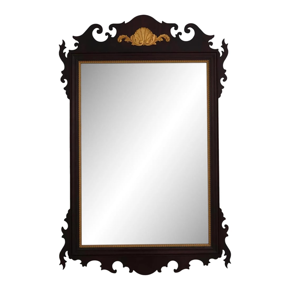 Chippendale Mahogany Mirror with Gold Trim Beveled Glass 31 x 47.5: Chippendale Mahogany Mirror with Gold Trim Beveled Glass 31 x 47.5 This exquisite Chippendale-style mahogany mirror features a beautifully beveled glass and elegant gold trim. It showcases quality con