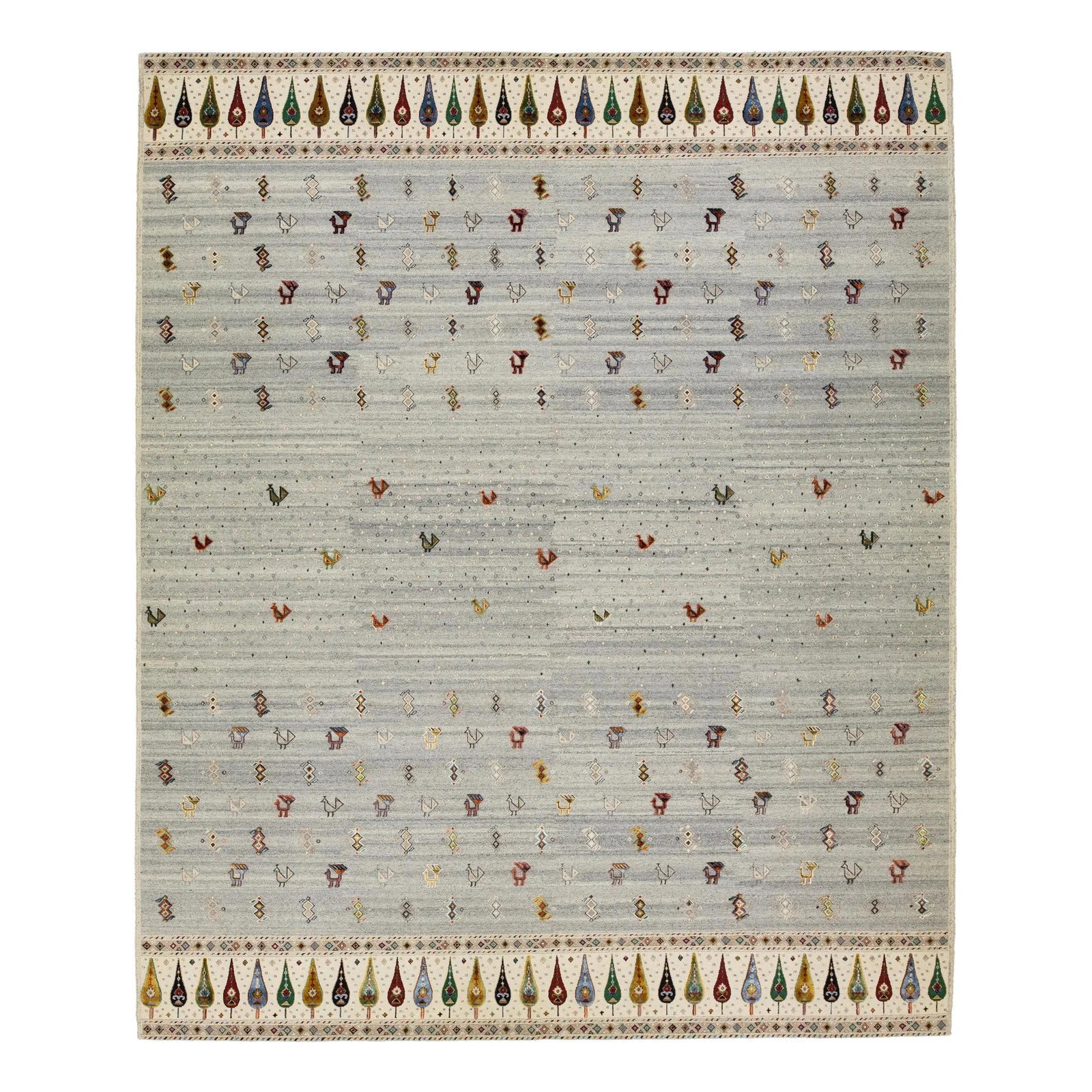 Hand-Knotted Modern Sumakh Wool Rug Gray Geometric Design 12'4 x 14'10: Hand-Knotted Modern Sumakh Wool Rug Gray Geometric Design 12'4 x 14'10 Enhance your space with this stunning hand-knotted modern Sumakh wool rug, featuring a soft gray field adorned with a vibrant, mu