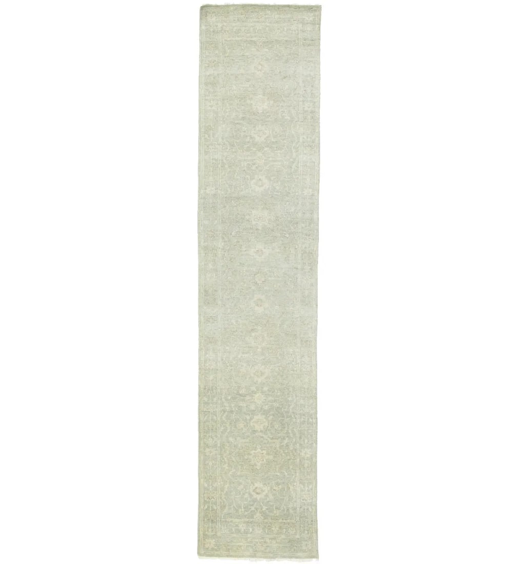 Hand-Knotted Wool Transitional Floral Runner Rug 2'6 x 11'8 Modern Design: Hand-Knotted Wool Transitional Floral Runner Rug 2'6 x 11'8 Modern Design This is a handmade, hand-knotted runner rug featuring a transitional floral pattern in muted tones of green, cream, brown, and