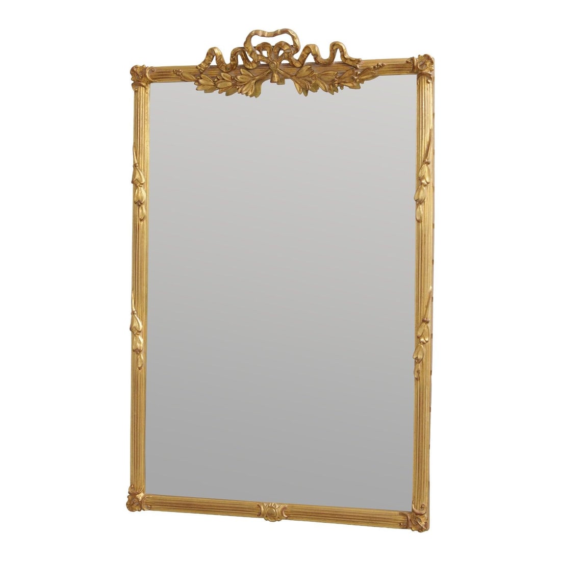 French Style Gold Gilt Wall Mirror with Bow Top and Beveled Glass: French Style Gold Gilt Wall Mirror with Bow Top and Beveled Glass This wall mirror features a finely carved bow top design with gold gilt painted fluted frame, showcasing French and traditional style 