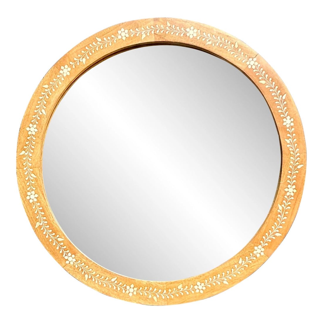 Set of 3 Round Bone Inlay Wood Mirrors with Floral Motif 24 Inch: Set of 3 Round Bone Inlay Wood Mirrors with Floral Motif 24 Inch This set includes three vintage round mirrors, each featuring a solid wood frame with hand-set bone inlay in a delicate floral and vine