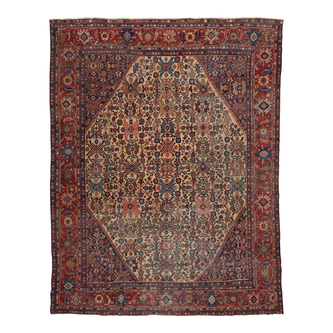 9' x 11'7" Antique Bidjar Wool Persian Rug with Ivory Diamond Medallion: 9' x 11'7" Antique Bidjar Wool Persian Rug with Ivory Diamond Medallion This antique Bidjar rug, hand-woven by Kurdish artisans in Northwest Persia, showcases exceptional craftsmanship and durability.