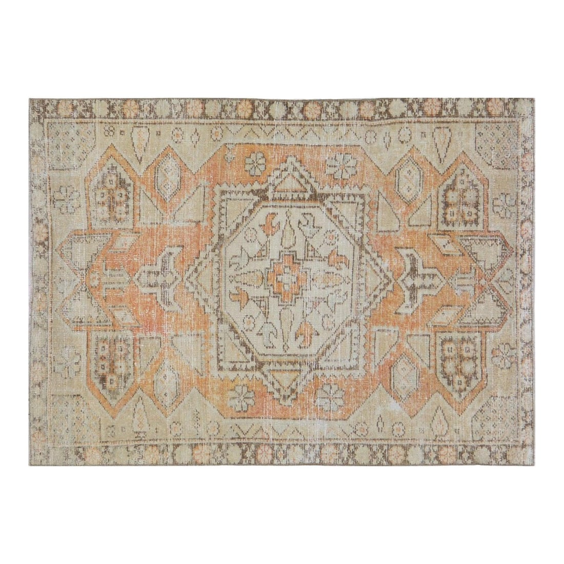 Handmade Anatolian Wool Area Rug Tan 4'1" x 5'7": Handmade Anatolian Wool Area Rug Tan 4'1" x 5'7" This vintage Turkish Anatolian rug is hand-knotted from wool using traditional techniques. Its design skillfully merges classic artistry with a contemp
