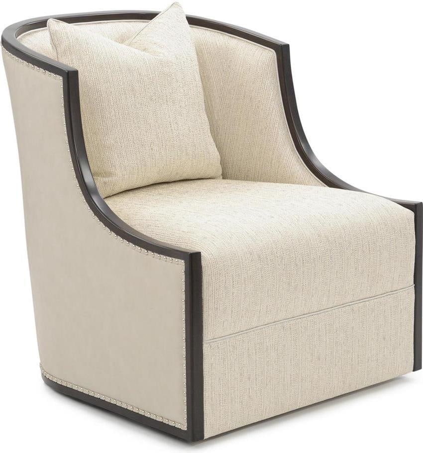 John-Richard Ticinese Swivel Chair in Light Gray Fabric: John-Richard Ticinese Swivel Chair in Light Gray Fabric Introducing the exquisite Ticinese Swivel Chair by John-Richard, designed to offer both comfort and style. This transitional chair features a li