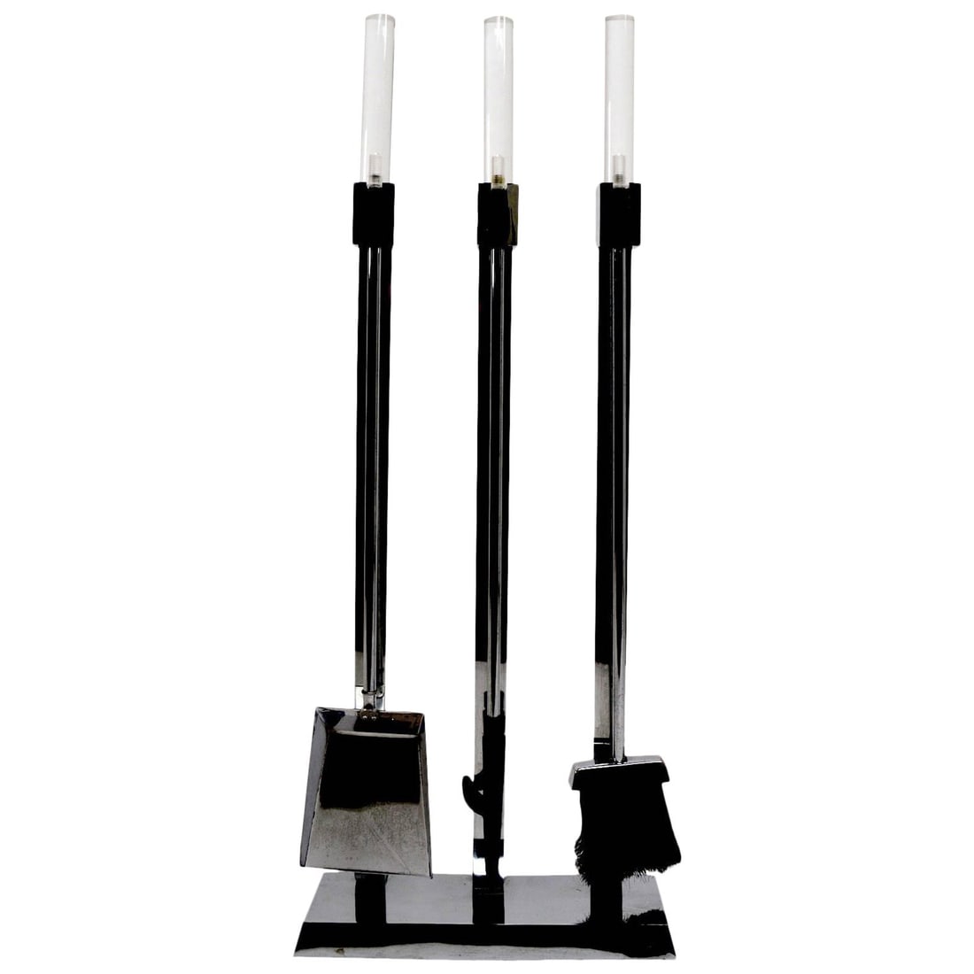 Modern Chrome Lucite Fireplace Tool Set with Brush Poker Shovel: Modern Chrome Lucite Fireplace Tool Set with Brush Poker Shovel Enhance your fireplace with this stylish chrome and Lucite tool set, featuring a brush, poker, shovel, and a convenient stand. This eleg