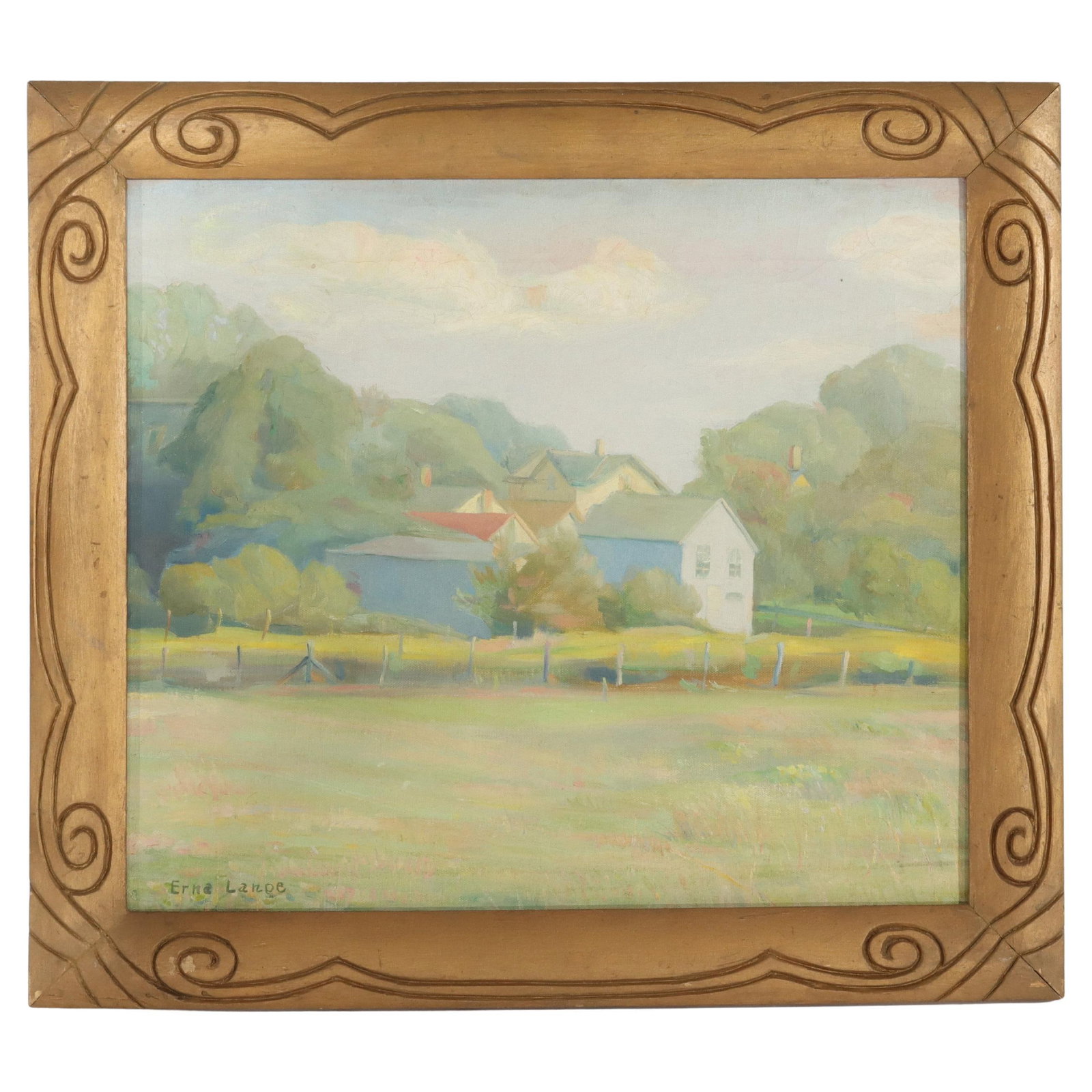 Erna Lange Antique Oil Painting Summer Landscape C1930: Erna Lange Antique Oil Painting Summer Landscape C1930 This exquisite oil on canvas landscape titled 'Summer' by Erna Lange, created circa 1930, beautifully depicts a tranquil rural scene filled with 