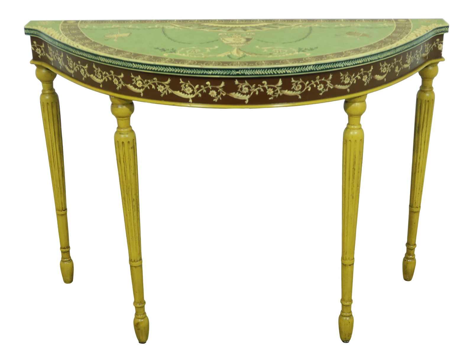 Adams English Style Painted Lacquer 1/2 Round Console Table: Adams English Style Painted Lacquer 1/2 Round Console Table This exquisite Adams Paint Decorated 1/2 Round Console Table showcases an elegant English style with a beautiful painted lacquer finish. App