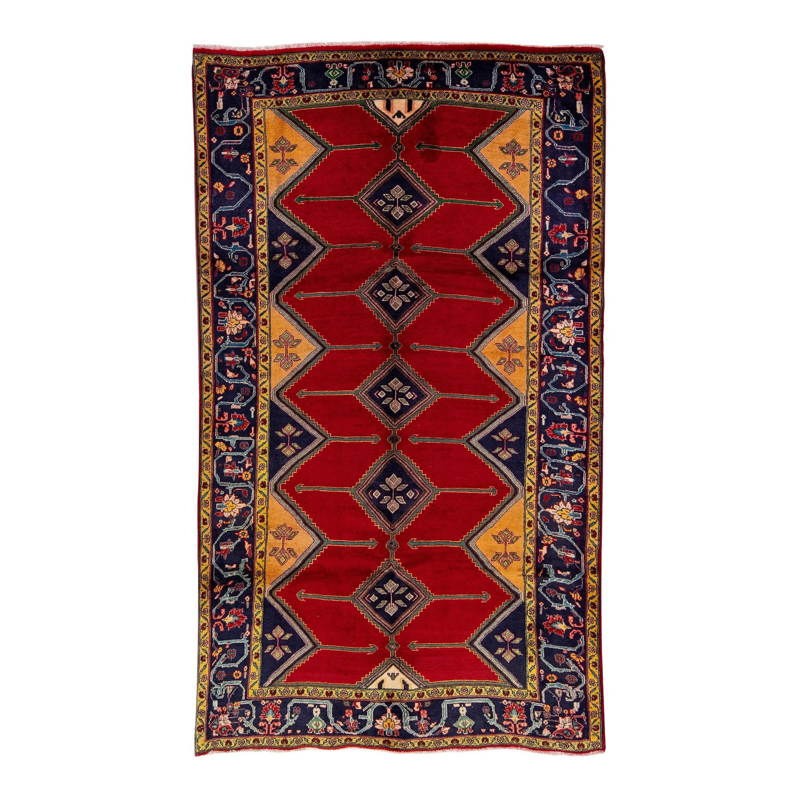 1960s Persian Heriz Handmade Wool Rug Navy Blue Medallion 5'4 x 9': 1960s Persian Heriz Handmade Wool Rug Navy Blue Medallion 5'4 x 9' Discover the elegance of this vintage Persian Heriz rug, meticulously hand-knotted from high-quality wool. Featuring a rich navy blue