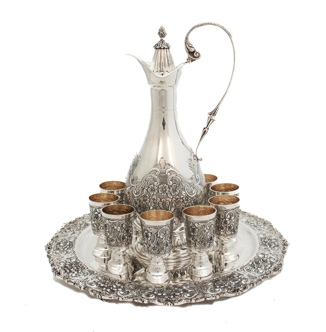 Italian Sterling Silver Liquor Set with Tray Pitcher and Twelve Ornate Cups (1 of 5)