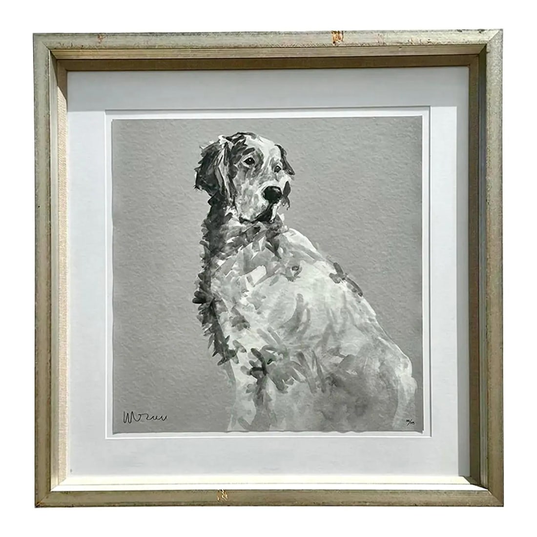 Abstract Monochrome Dog Watercolor Painting in Rustic Wooden Frame: Abstract Monochrome Dog Watercolor Painting in Rustic Wooden Frame This vintage boho original abstract watercolor features a dog rendered in expressive shades of gray and black, capturing its loyal an