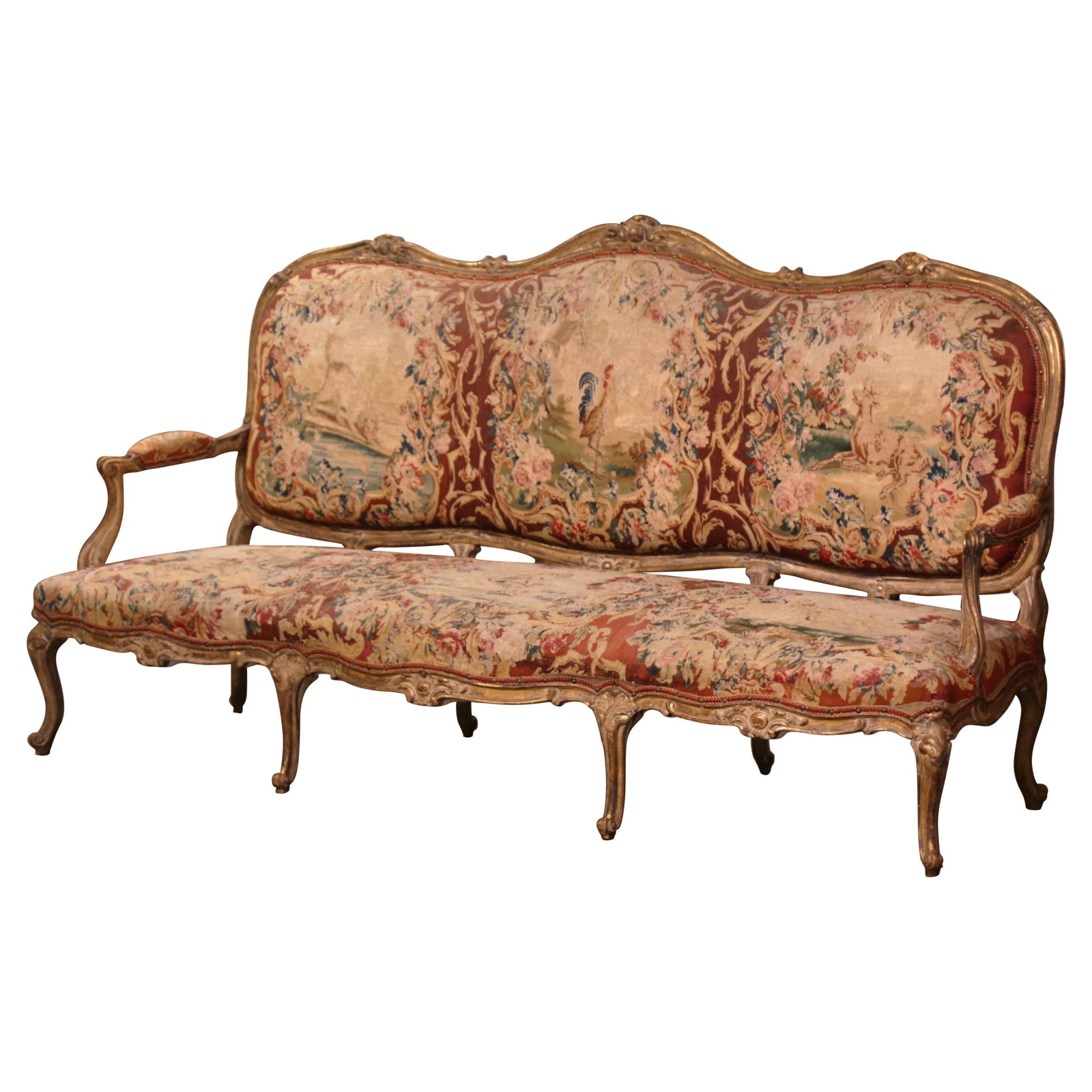 18th Century Louis XV Giltwood Canape with Aubusson Tapestry from France: 18th Century Louis XV Giltwood Canape with Aubusson Tapestry from France Elevate your living space with this exquisite 18th Century French Louis XV Carved Giltwood Canape, adorned with original Aubuss