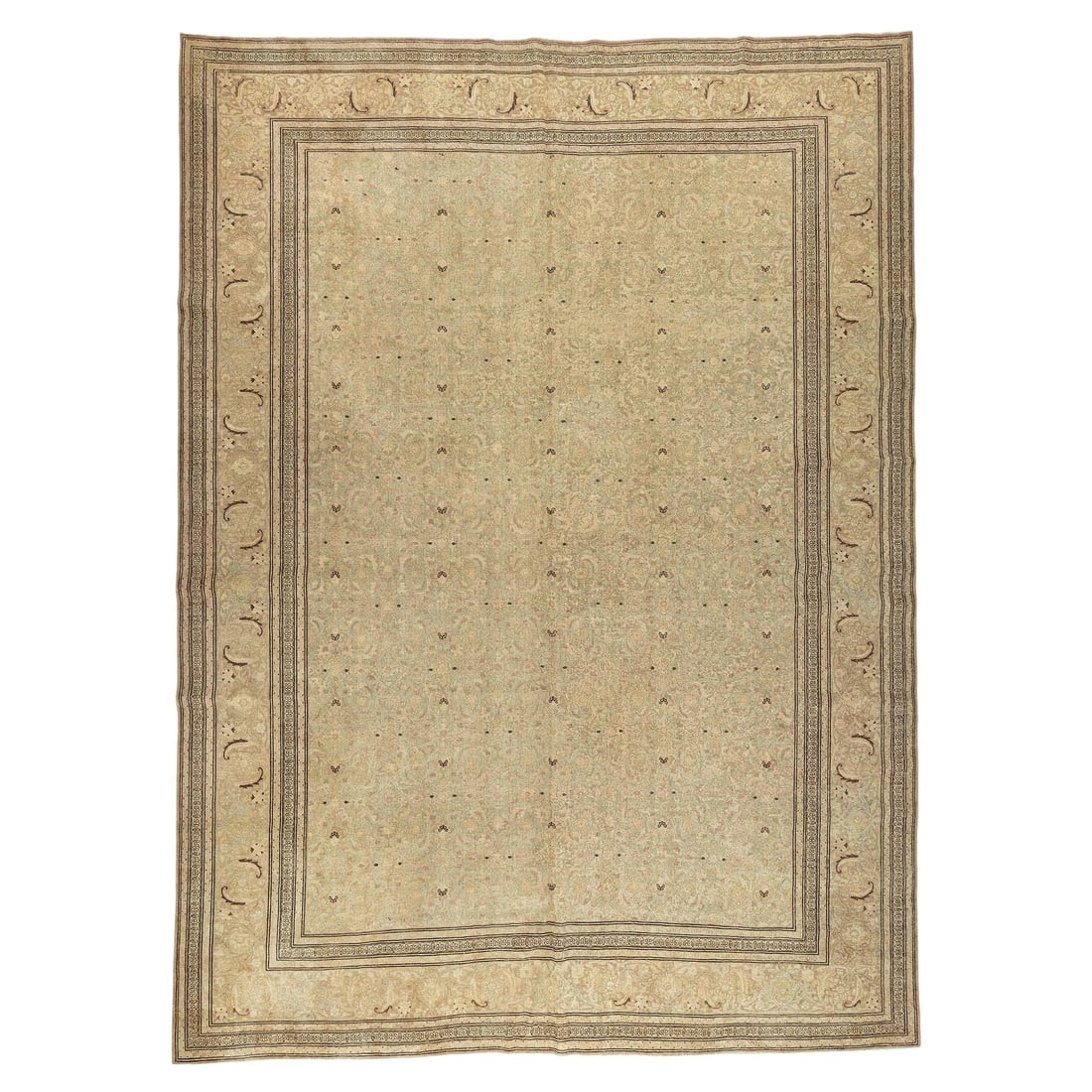Elegant Light Green Antique Persian Tabriz Rug 10'8 x 14'10 Wool Hand-Knotted: Elegant Light Green Antique Persian Tabriz Rug 10'8 x 14'10 Wool Hand-Knotted This exquisite early 20th Century Persian Tabriz rug features a captivating light green base adorned with subtle hints of 