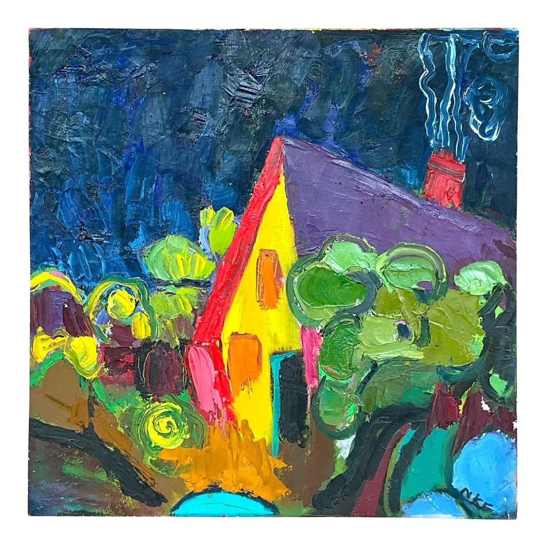 Original Signed Boho Oil Painting Countryside Scene on Canvas: Original Signed Boho Oil Painting Countryside Scene on Canvas This vintage Boho oil painting is an original signed landscape on canvas, showcasing a charming countryside scene with bold, expressive co
