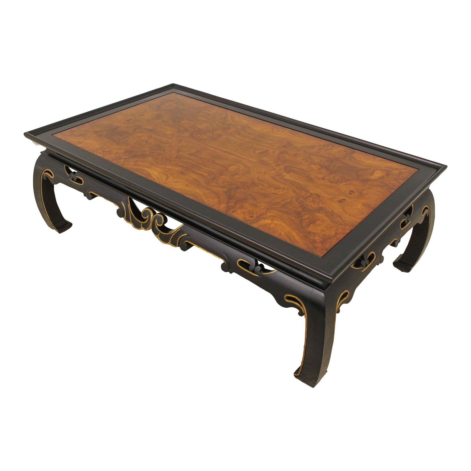 Karges Asian Inspired Modern Coffee Table Burl Walnut Gold Accents: Karges Asian Inspired Modern Coffee Table Burl Walnut Gold Accents This Chinese inspired modern coffee table showcases a stunning burl walnut top complemented by a dark mocha finish base with elegant 