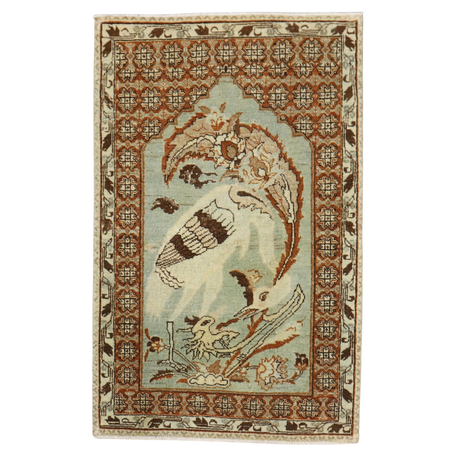 Antique Persian Tabriz Rug Mat Wool Rooster Swan Design 1'9 x 2'9 (1 of 5)