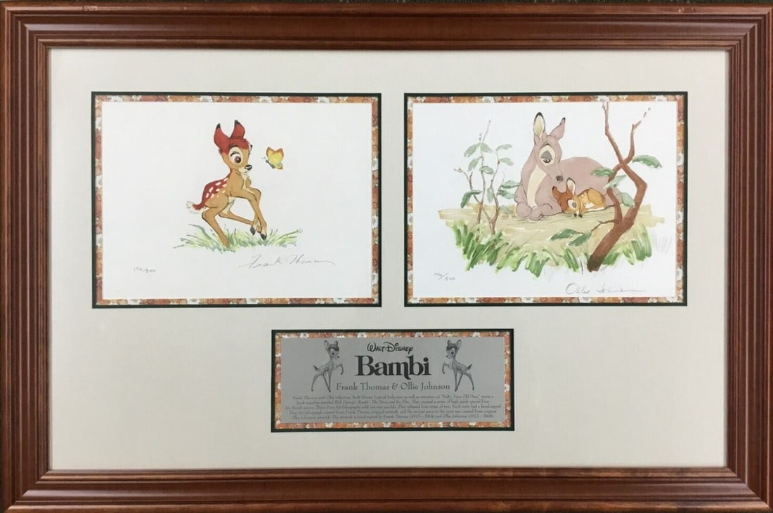 Disney Bambi Lithograph Signed by Frank Thomas Ollie Johnson Limited Edition 196/500: Disney Bambi Lithograph Signed by Frank Thomas Ollie Johnson Limited Edition 196/500 Celebrate the timeless classic of Disney with this stunning limited edition lithograph featuring Bambi and Bambi's 