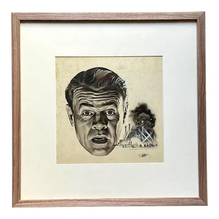 Original Signed Mid-Century Modern Sci-Fi Ink Drawing of Male Face: Original Signed Mid-Century Modern Sci-Fi Ink Drawing of Male Face This vintage Mid-Century Modern original ink sketch features the face of a man, signed by the artist. The artwork showcases fine ink 