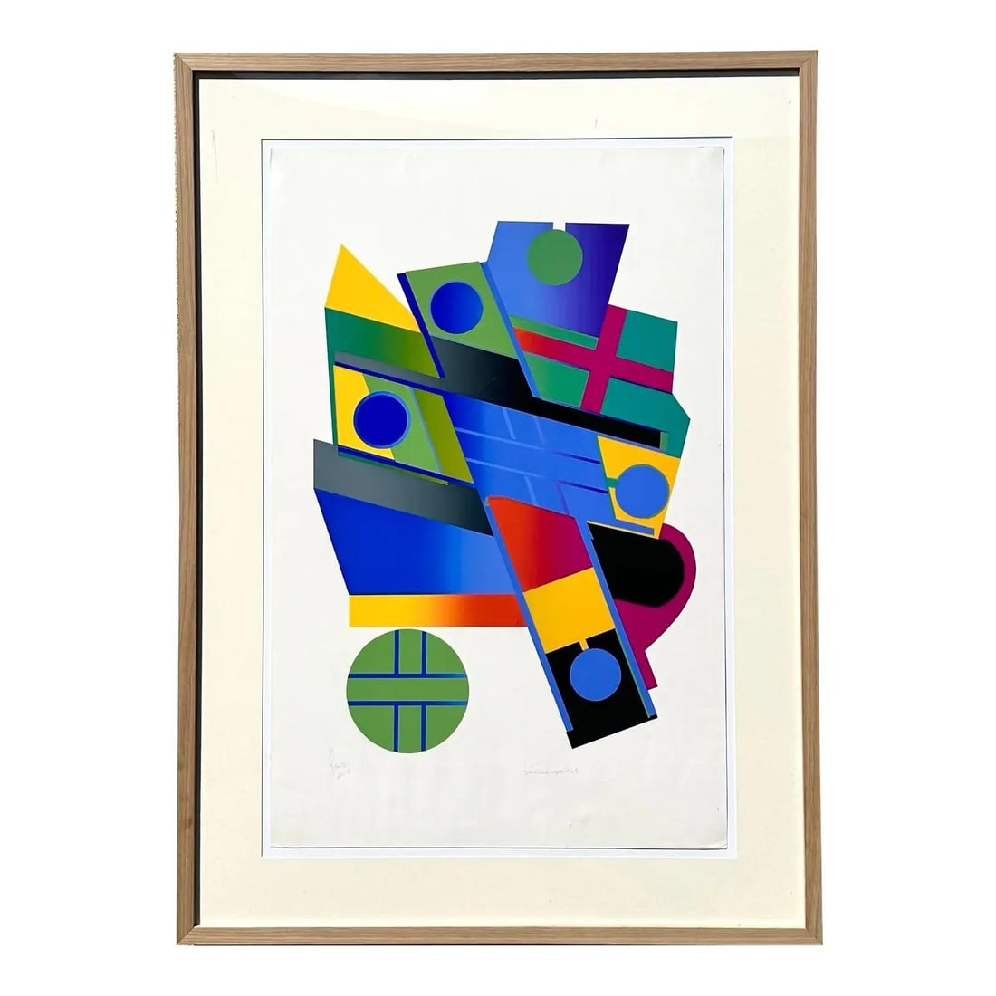 1970s Modernist Framed Abstract Geometric Art Print Lithograph: 1970s Modernist Framed Abstract Geometric Art Print Lithograph This vintage 1970s abstract geometric lithograph showcases bold geometric shapes in vibrant colors including blue, green, red, yellow, an