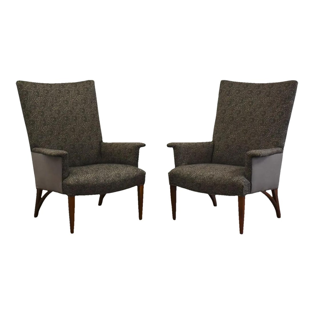 Pair of Mid Century Modern Mahogany Lounge Chairs Gray Fabric: Pair of Mid Century Modern Mahogany Lounge Chairs Gray Fabric This pair of mid-century modern lounge chairs showcases elegant mahogany legs complemented by a stylish black and grey fabric. The design 