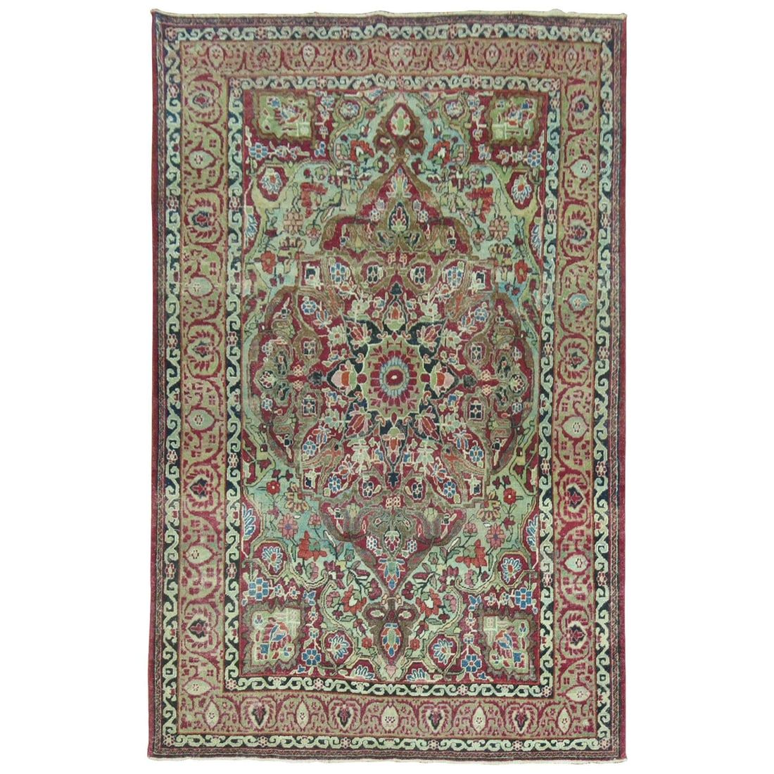 19th Century Hand-Woven Botanical Celadon Kerman Rug 3'10 x 5'9: 19th Century Hand-Woven Botanical Celadon Kerman Rug 3'10 x 5'9 Discover the exquisite beauty of this botanical celadon green Kerman rug from the Zabihi Collection. Hand-woven from high-quality wool, 