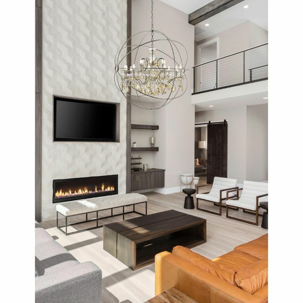 Geneva 18-Light Polished Nickel Chandelier with Golden Teak Crystals: Geneva 18-Light Polished Nickel Chandelier with Golden Teak Crystals Illuminate your space with this stunning Geneva 18-Light Chandelier, featuring a modern orb design that combines polished nickel wi