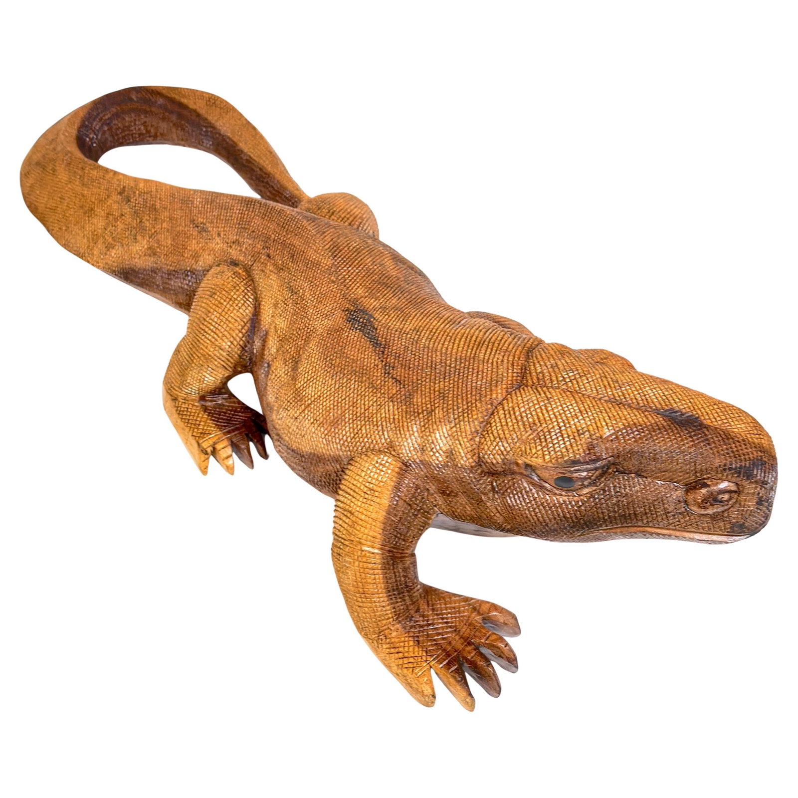 Mid-Century Hand-Carved Wood Monitor Lizard Sculpture Mexico 1970s: Mid-Century Hand-Carved Wood Monitor Lizard Sculpture Mexico 1970s This stunning hand-carved wooden monitor lizard sculpture showcases the artistry of the School of Bustamante, Mexico, from the 1970s.
