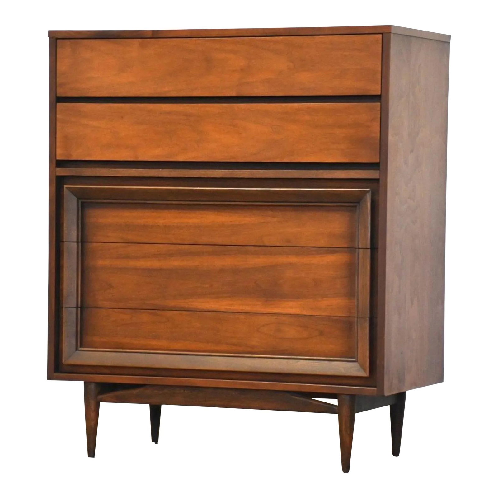 Mid Century Modern Walnut Dresser by Basic Witz 38x19x45: Mid Century Modern Walnut Dresser by Basic Witz 38x19x45 This mid-century modern tall dresser, crafted by Basic Witz, showcases a beautiful walnut finish that complements its sleek design. Measuring 3
