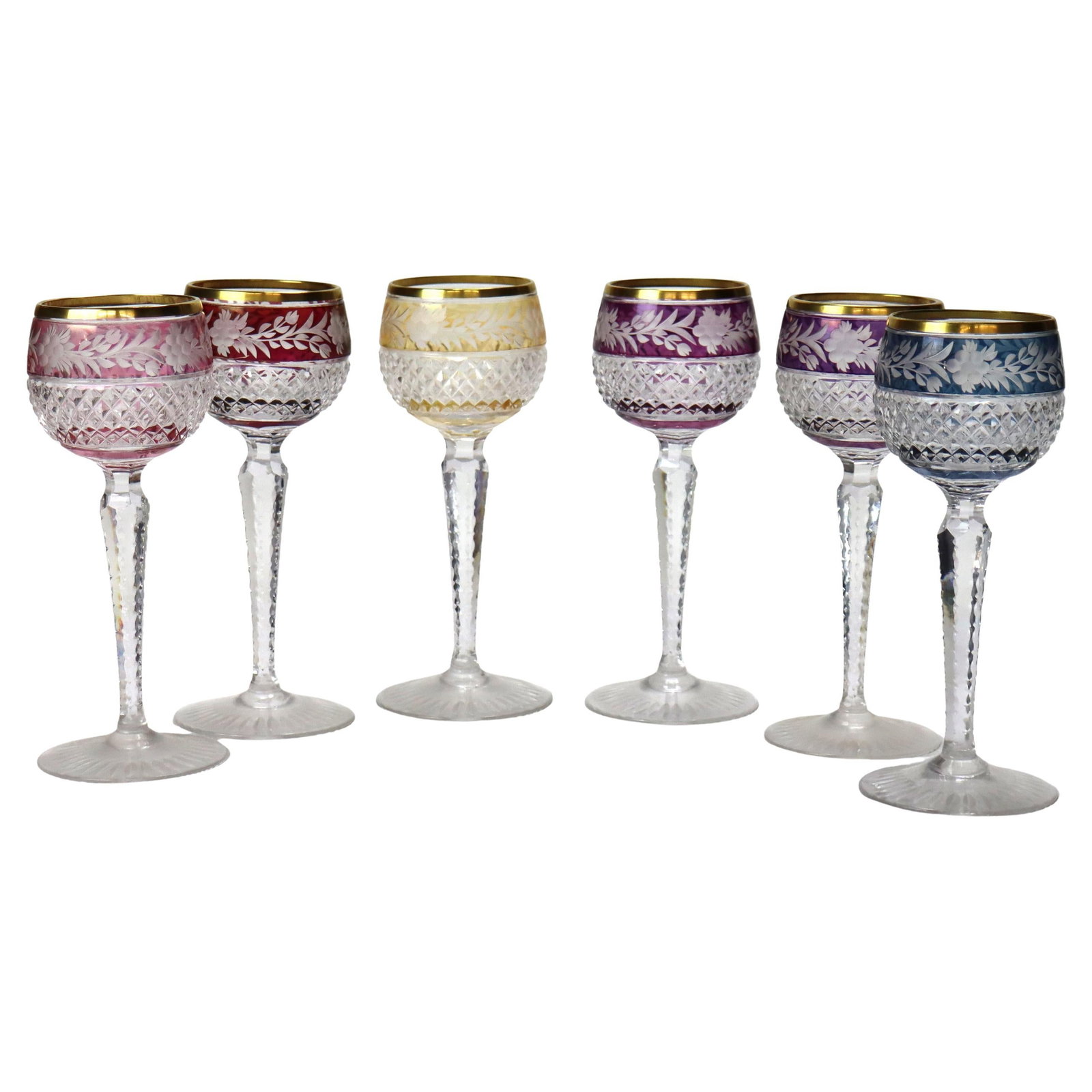 Set of 6 Bohemian Floral Multicolor Cut to Clear Crystal Wine Goblets c1910 (1 of 4)