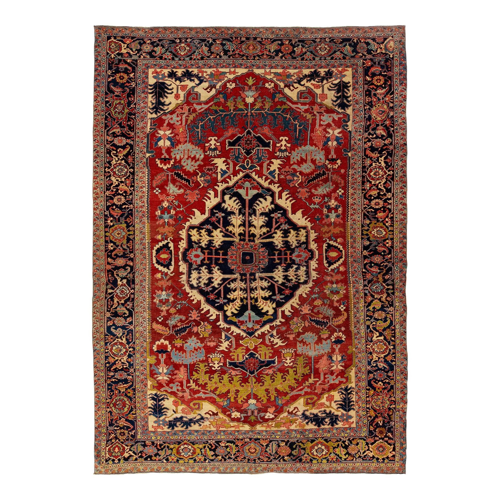 Antique Persian Heriz Wool Rug 9'3 x 13'1 Medallion Design: Antique Persian Heriz Wool Rug 9'3 x 13'1 Medallion Design This exquisite antique Persian Heriz rug showcases exceptional craftsmanship with its hand-knotted wool construction. The striking red field 