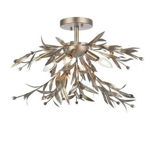 Living District 23 Inch Silver Leaf Glass Semi Flush Chandelier 4 Light: Living District 23 Inch Silver Leaf Glass Semi Flush Chandelier 4 Light This semi flush mount chandelier features an antique silver leaf finish and clear royal cut glass accents, offering a modern sty