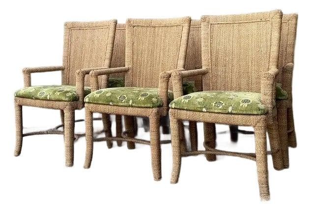 Set of 6 High-Back Jute Rope Dining Chairs With Green Sea Turtle Upholstery: Set of 6 High-Back Jute Rope Dining Chairs With Green Sea Turtle Upholstery This set of six vintage dining chairs showcases a distinctive Boho Chic and Coastal style, featuring sturdy frames wrapped i