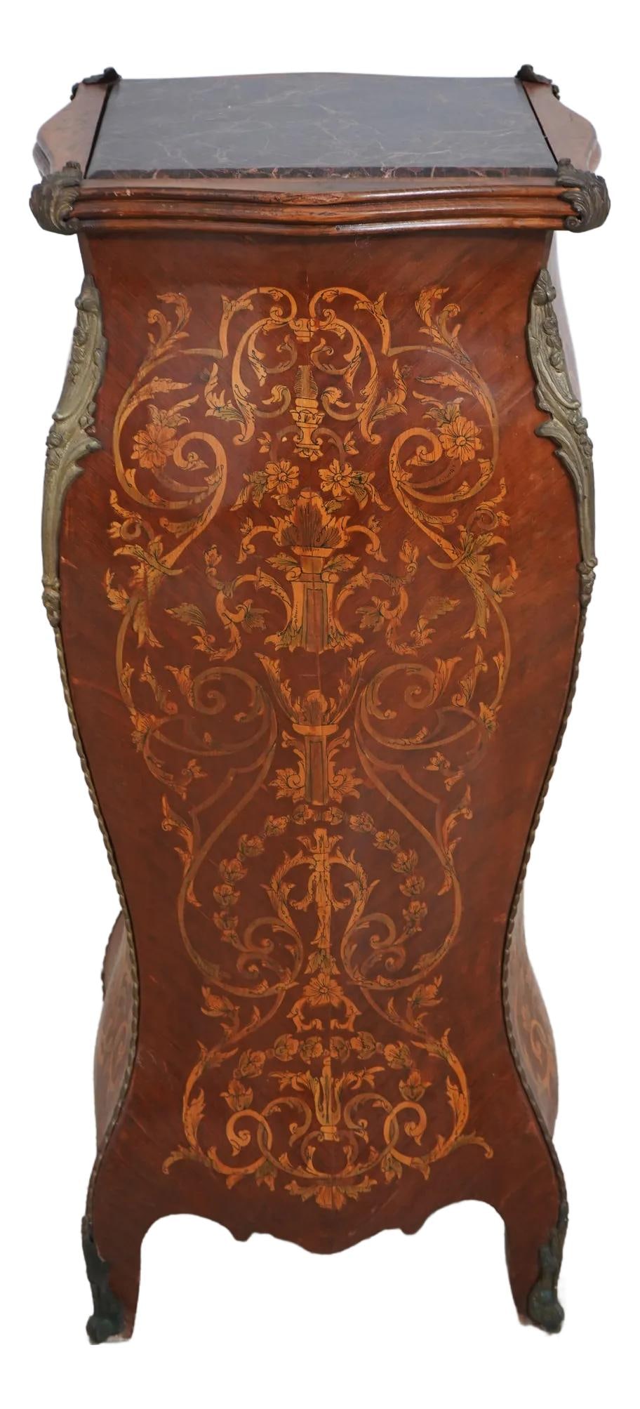 Elegant French Louis XV Style Marble Top Pedestal 41in: Elegant French Louis XV Style Marble Top Pedestal 41in This exquisite French Louis XV Style pedestal features a highly inlaid marble top and a bombe curved case, accentuated with bronze mounted ormolu