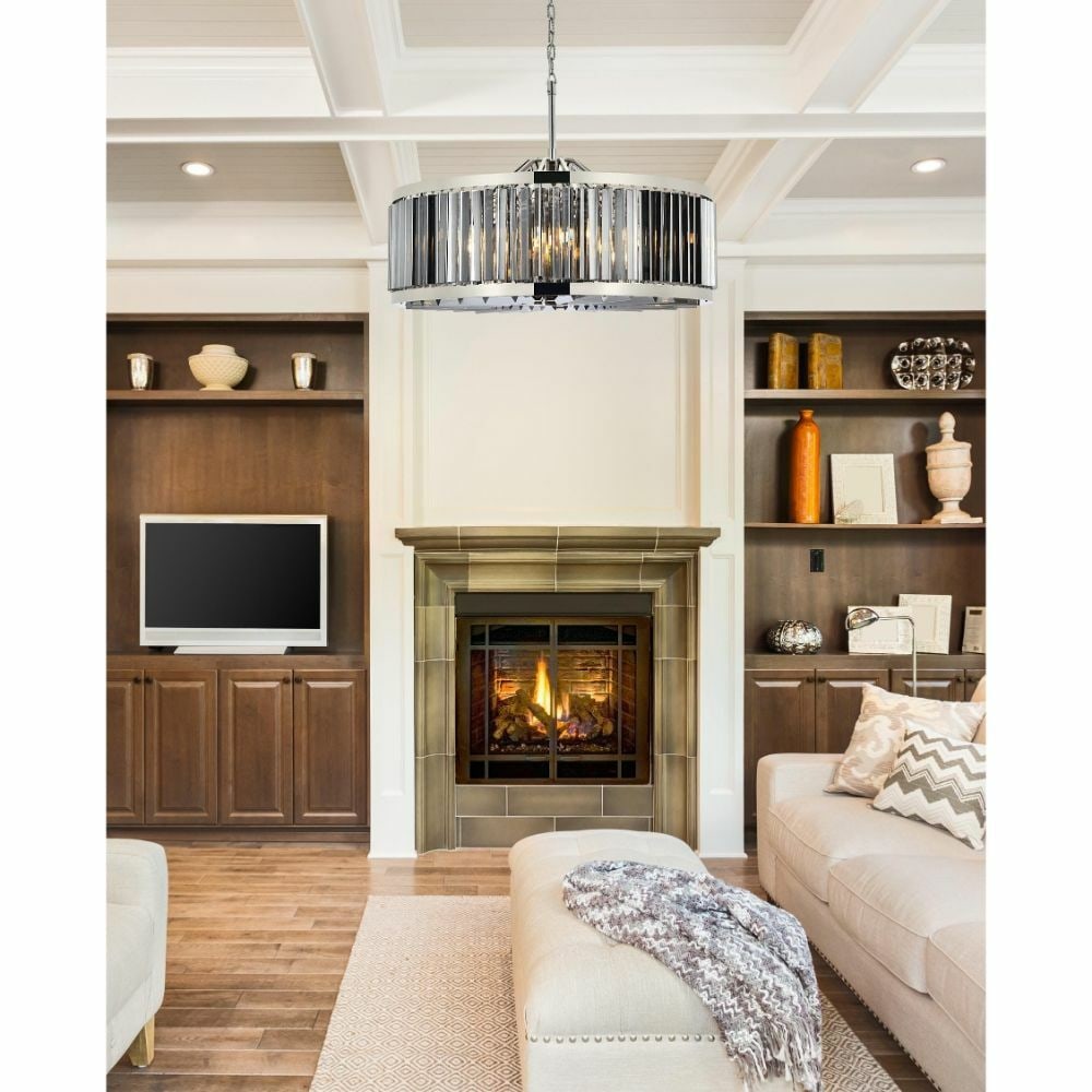 Chelsea Modern Crystal Chandelier with 10 Lights and Polished Nickel Frame 35.5 Inch: Chelsea Modern Crystal Chandelier with 10 Lights and Polished Nickel Frame 35.5 Inch This modern chandelier features a polished nickel frame adorned with silver shade royal cut crystals, offering a so