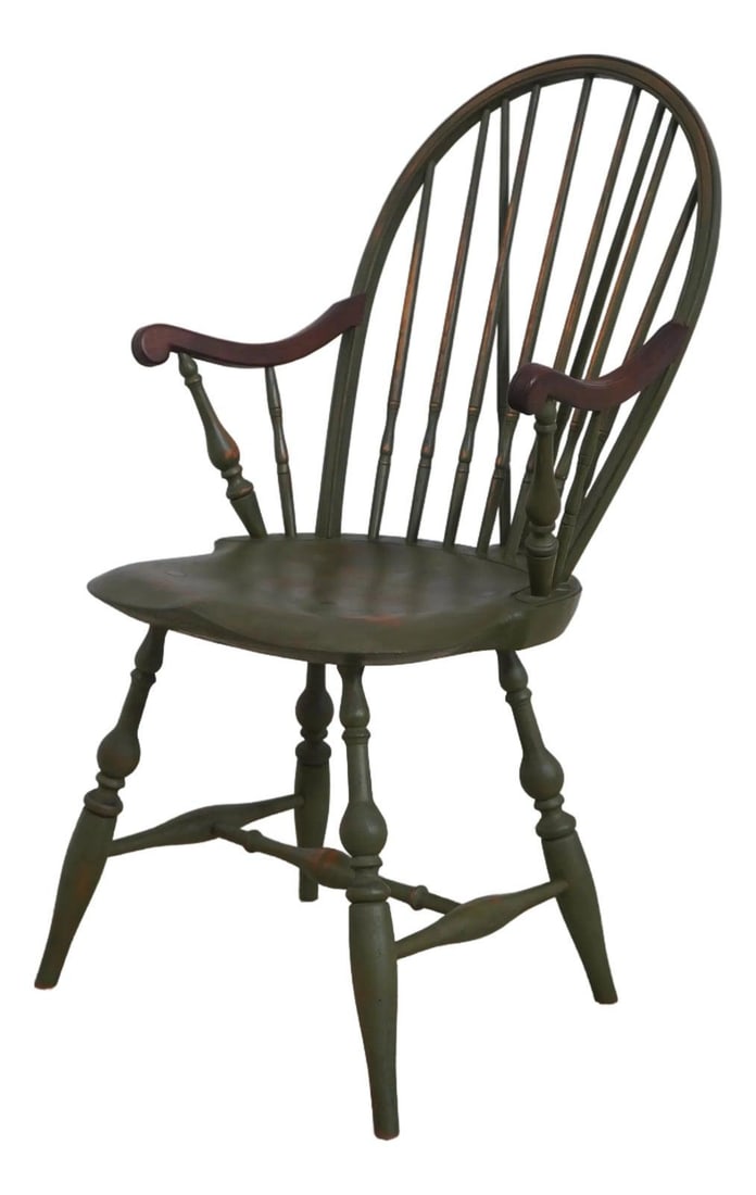 Green Wood Windsor Armchair with Loop Back and Painted Worn Finish: Green Wood Windsor Armchair with Loop Back and Painted Worn Finish This bench-made Windsor armchair features a loop back design with mortise construction for durability. The chair is crafted from wood