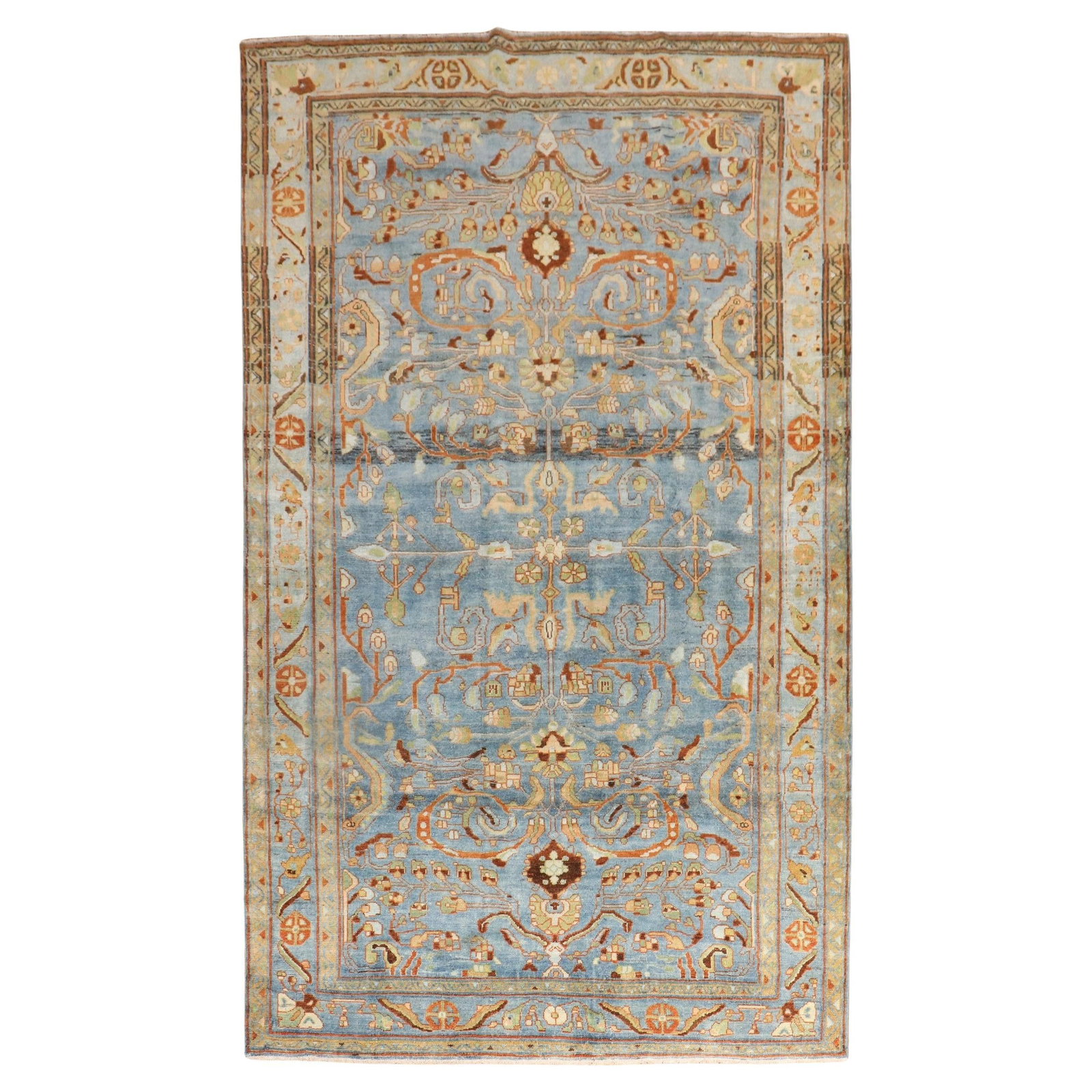 Antique Blue Malayer Persian Rug Hand-Knotted Wool 5'8 x 8'9: Antique Blue Malayer Persian Rug Hand-Knotted Wool 5'8 x 8'9 Elevate your space with this exquisite Blue Antique Persian Malayer Rug, a stunning piece from the early 20th century. Hand-knotted with me