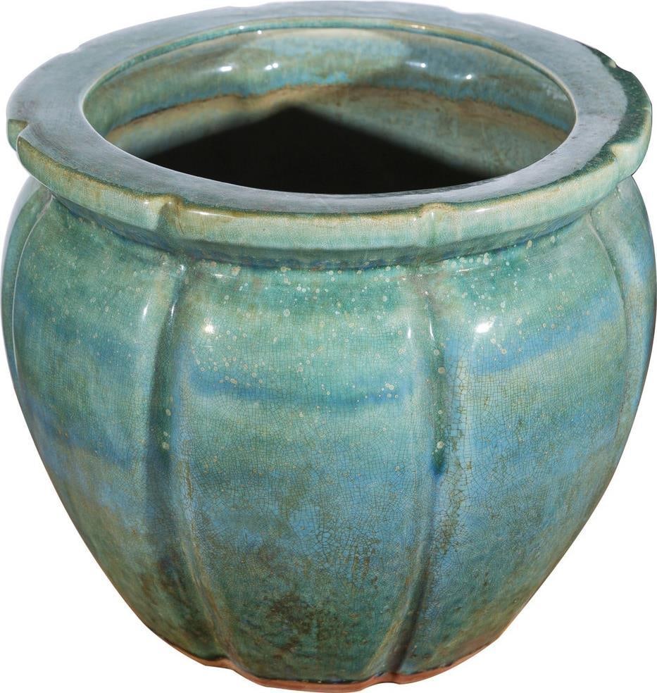 Hand-Crafted Speckled Green Ceramic Ribbed Planter 12H 15W 15D (1 of 3)