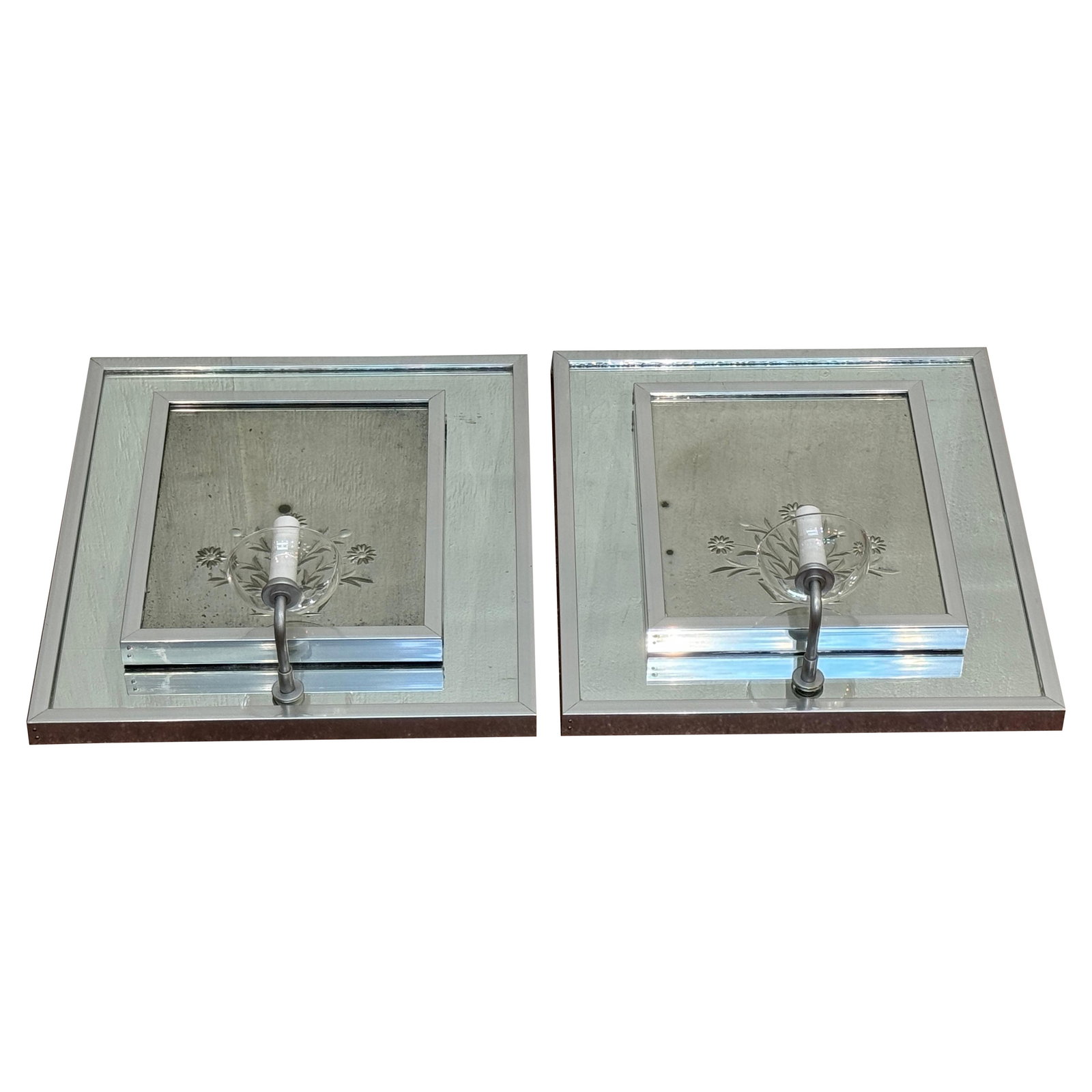 1960s French Modern Engraved Floral Mirror Crystal Wall Sconce Pair (1 of 9)
