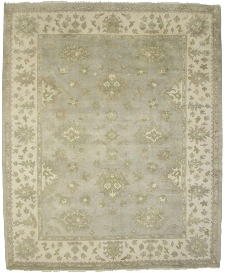 Hand-Knotted Wool Floral Rug 9'11 x 8'2 Light Gray Oushak Chobi Area Carpet: Hand-Knotted Wool Floral Rug 9'11 x 8'2 Light Gray Oushak Chobi Area Carpet This vintage-style Oushak Chobi area rug features a hand-knotted wool construction in a large 8x10 size. Showcasing a light 