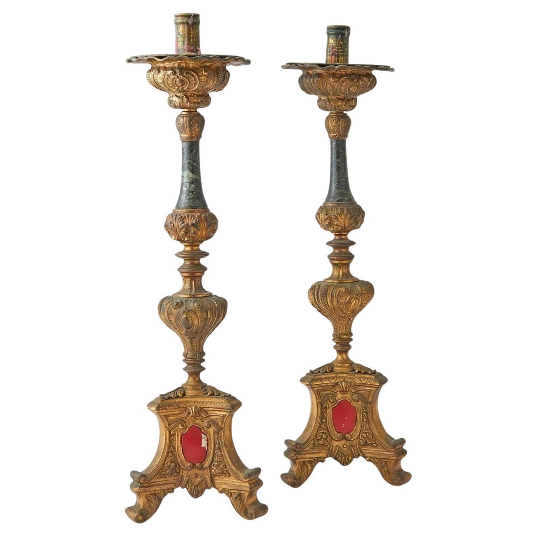 Baroque Revival Italian Gilt Bronze and Marble Candlesticks Set of 2: Baroque Revival Italian Gilt Bronze and Marble Candlesticks Set of 2 This pair of late 19th-century candlesticks showcases Baroque Revival design, expertly crafted from gilt bronze and variegated gree