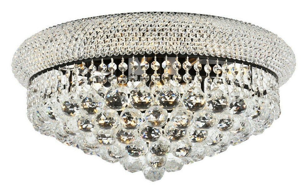 Primo Black and Clear 10 Light 20 Inch Crystal Flush Mount Ceiling Chandelier: Primo Black and Clear 10 Light 20 Inch Crystal Flush Mount Ceiling Chandelier This contemporary empire-style flush mount chandelier features ten lights and royal cut clear crystals, presented in a str
