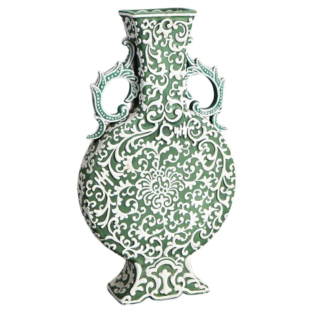 Large Antique Japanese Moriage Green Pottery Pillow Vase C1920 (1 of 8)
