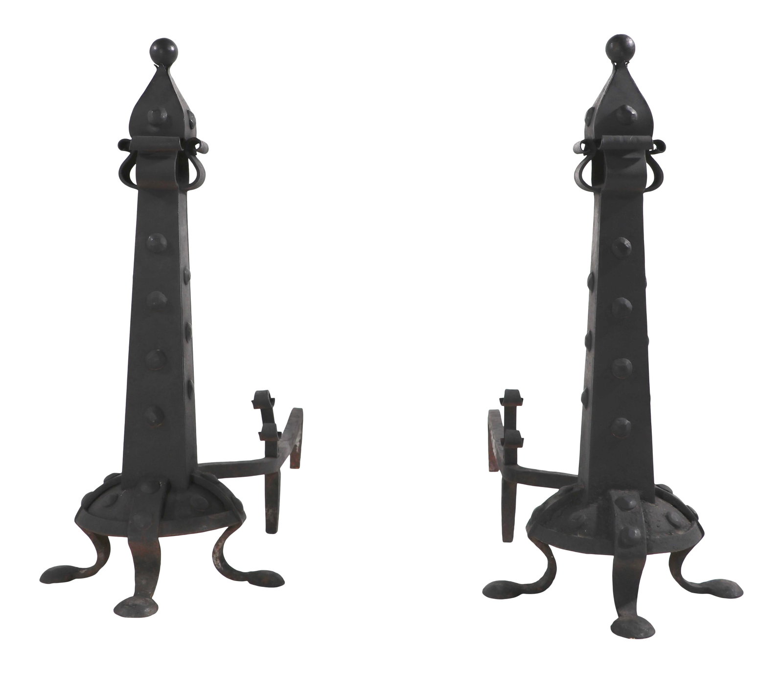 Large Arts and Crafts Andirons with Brass Accents in Black Finish: Large Arts and Crafts Andirons with Brass Accents in Black Finish This impressive pair of large Arts and Crafts andirons showcases exquisite craftsmanship in hand-wrought iron, adorned with brass stud