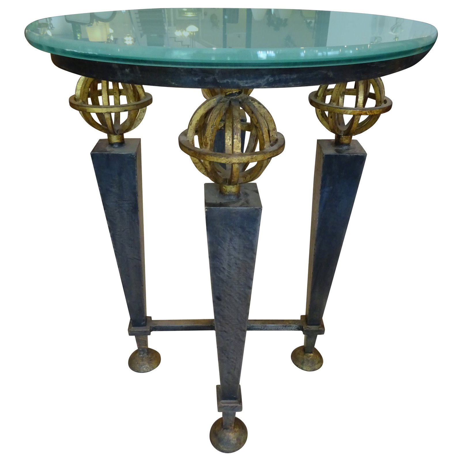 French Neoclassical Gilt Iron Gueridon with Glass Top: French Neoclassical Gilt Iron Gueridon with Glass Top Discover the elegance of our French Neoclassical Gilt Iron Gueridon, a stunning piece that embodies a perfect fusion of artistry and functionality